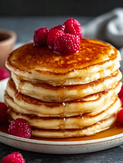 Fluffy pancakes on a plate with syrup.