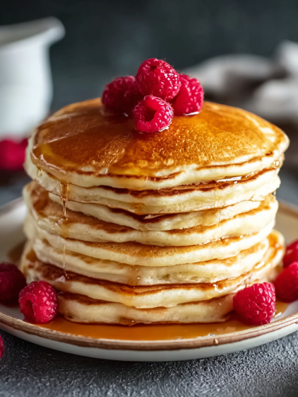 A stack of fluffy pancakes with raspberries on top.