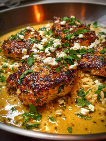 A close up of chicken with feta cheese and herbs.