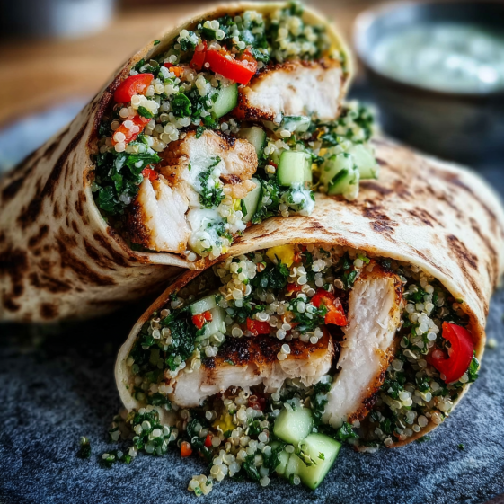 A wrap with chicken and vegetables.