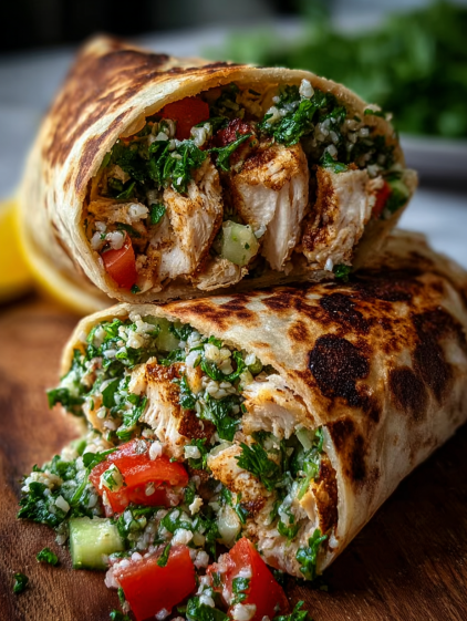 A wrap with chicken and vegetables.