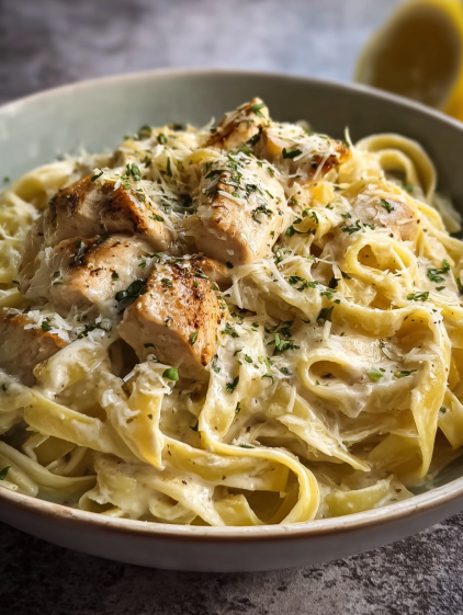 A bowl of chicken Alfredo in the Instant Pot in 25 minutes.