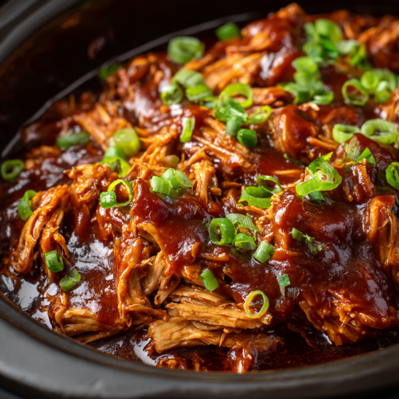 A pot of slow cooker barbecue chicken.