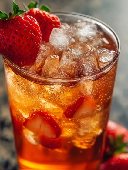 A glass of strawberry dirty sprite drink.