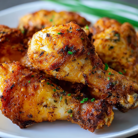 A plate of baked fried chicken.