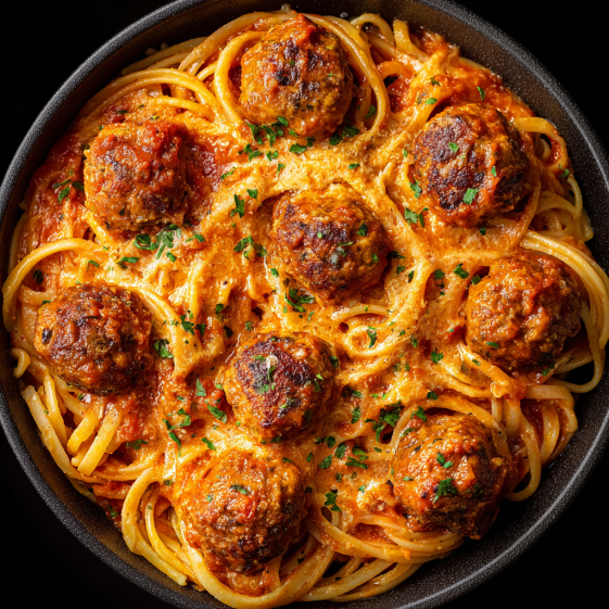 A bowl of creamy spaghetti meatballs.