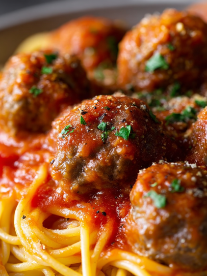 A plate of spaghetti with meatballs and sauce.