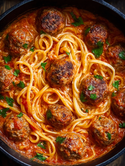 A bowl of spaghetti with meatballs and sauce.