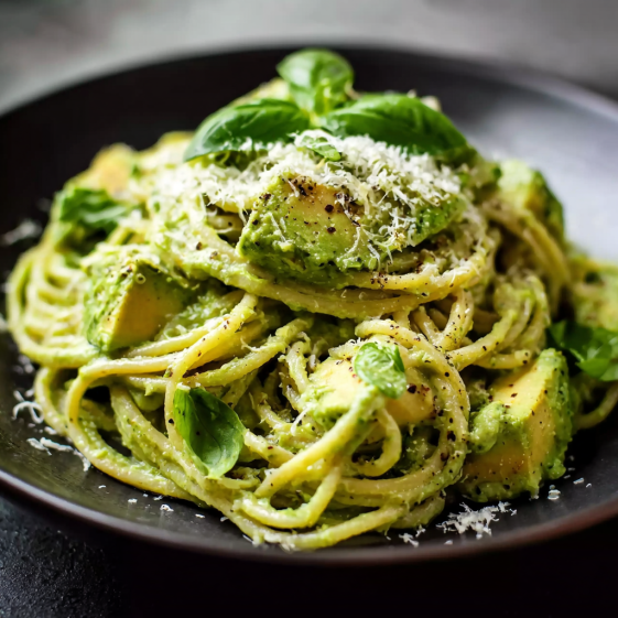 A plate of pasta with avocado and cheese.