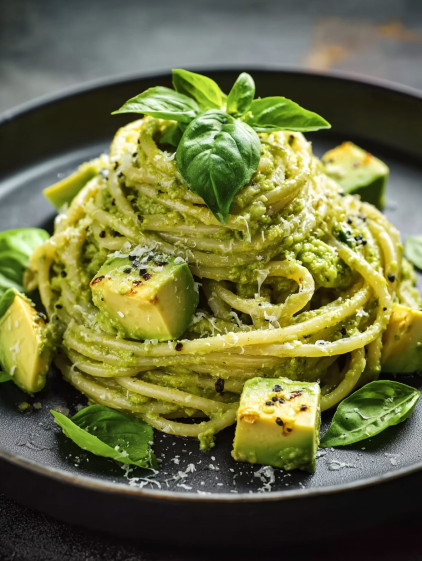A plate of pasta with a green leaf on top.