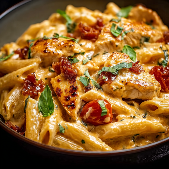 A bowl of creamy chicken parmesan pasta.