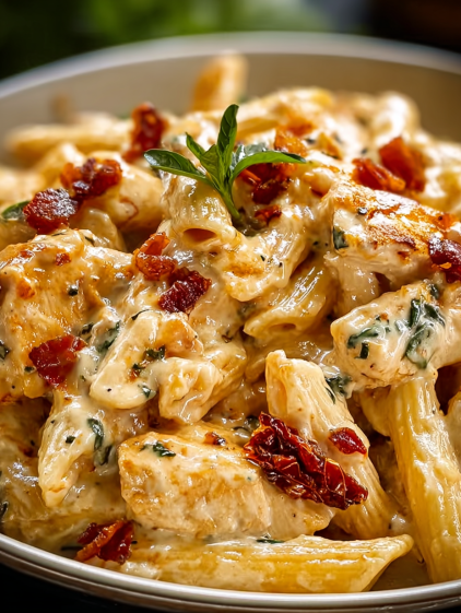 A bowl of creamy chicken parmesan pasta.