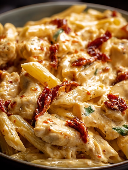 A creamy chicken Parmesan pasta dish.