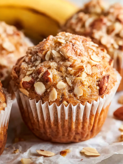 A muffin with almonds and nuts on top.