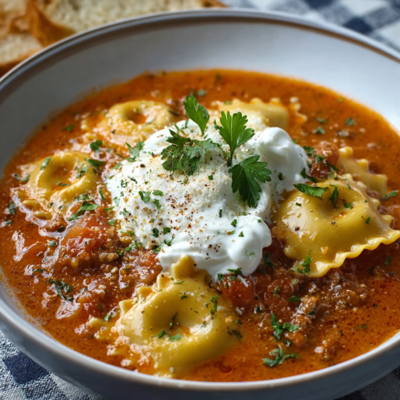 A bowl of creamy lasagna soup with a dollop of sour cream on top.
