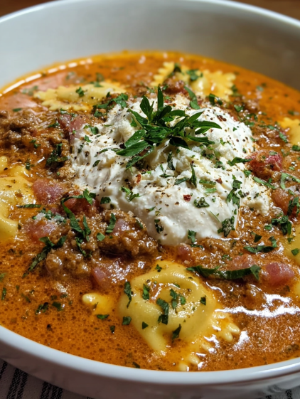 A bowl of pasta with a white sauce on top.