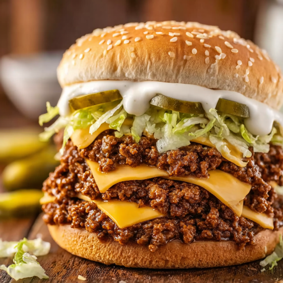 A sloppy joe sandwich with lettuce and cheese.
