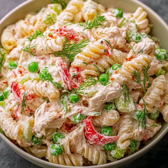 A bowl of crab pasta salad.