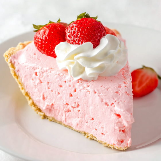A slice of pink cake with strawberries and whipped cream.