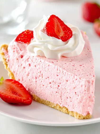 A slice of pink cake with white whipped cream and strawberries on top.