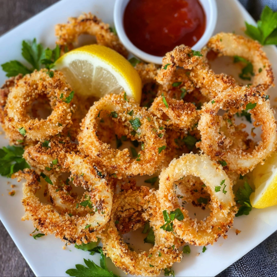 Air fryer calamari with lemon and ketchup.