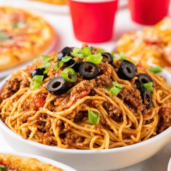 A bowl of spaghetti with meat and olives.