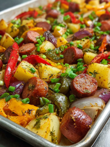 A close up of a dish with sausage, potatoes, and peppers.