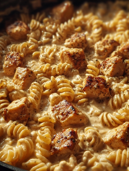 A close up of a dish with pasta and meat.