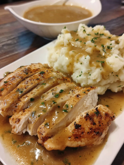 A plate of food with chicken and potatoes.