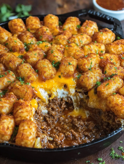 A close up of a sloppy joe tater tot casserole.
