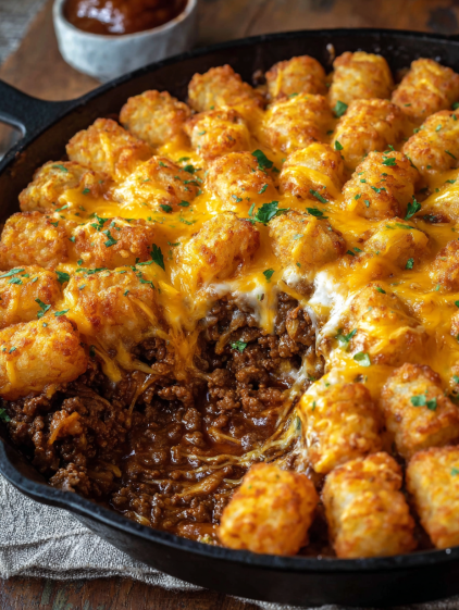 A pan of food with cheese and tater tots.