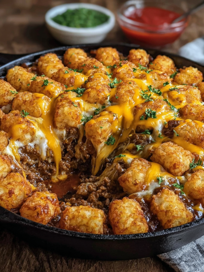 A pan of food with a cheese sauce and tater tots.