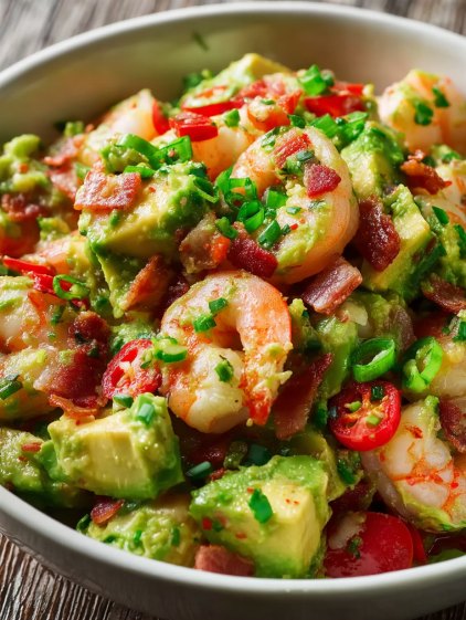 A bowl of shrimp and avocado with bacon.