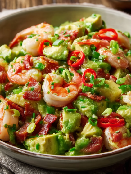 A bowl of shrimp and avocado.