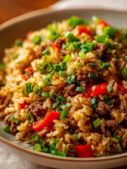 A bowl of rice with meat and vegetables.