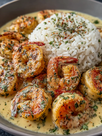 A plate of shrimp with rice and garlic butter.