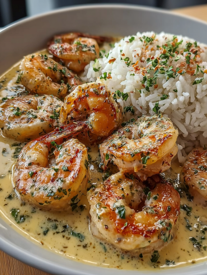 A bowl of shrimp and rice with a creamy garlic butter sauce.