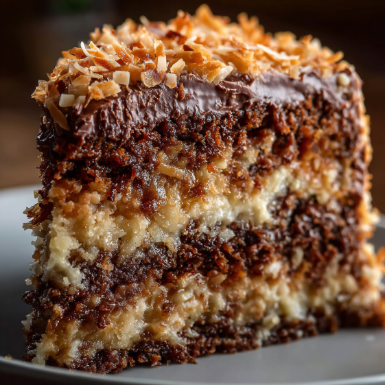 A slice of German Chocolate Cake with coconut and pecans.