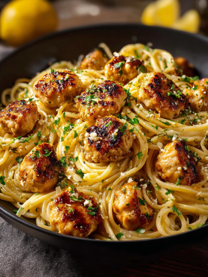 A bowl of pasta with chicken and herbs.