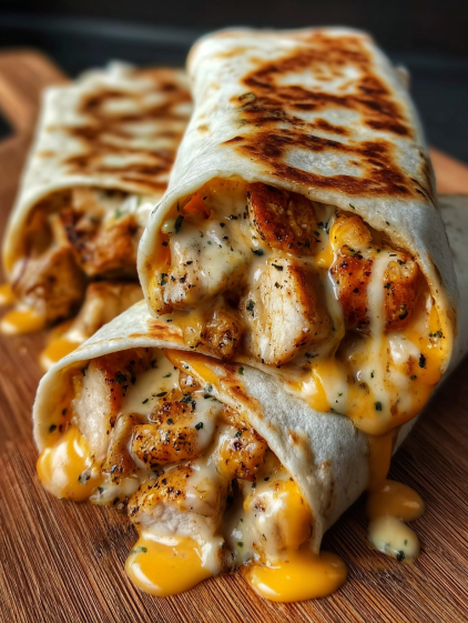 A cheesy garlic chicken wrap on a wooden table.