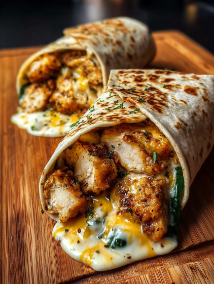 A chicken burrito with cheese and green onions.
