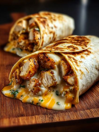 A burrito with chicken and cheese.