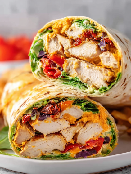 Two Southwest Chicken Wraps with lettuce, tomatoes, and corn.