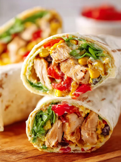 A chicken burrito with lettuce and tomatoes.