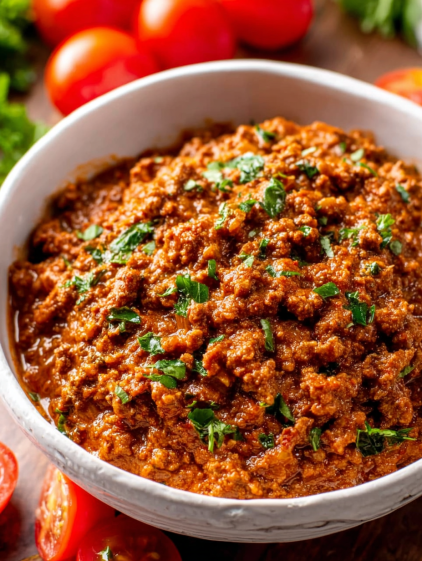 A bowl of chili with green onions and tomatoes.