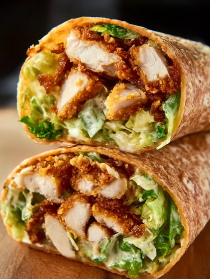 A chicken wrap with lettuce and cheese.