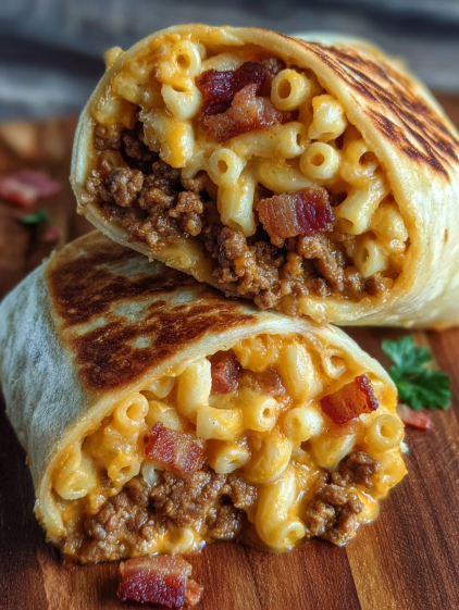 A burrito with macaroni and cheese.