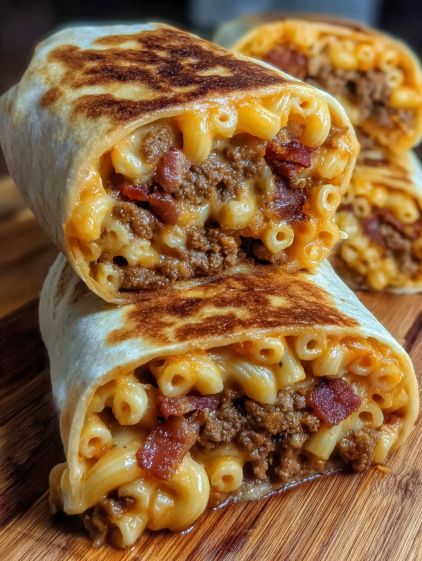 A burrito with macaroni and cheese.