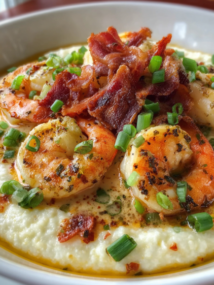 A plate of food with shrimp and bacon.