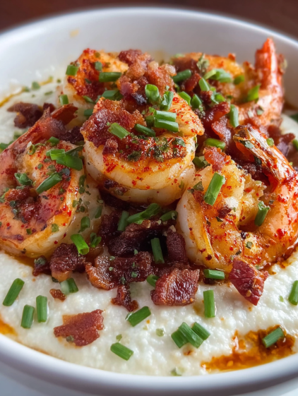 A bowl of shrimp and bacon.